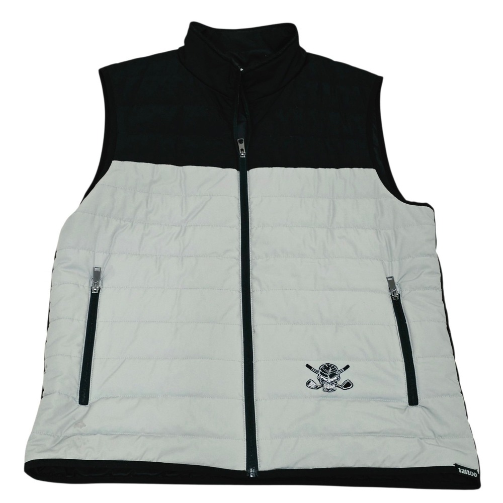 Tattoo Golf Mens L Quilted Golf Vest Black Gray Skull Crossed Clubs Full Zip
